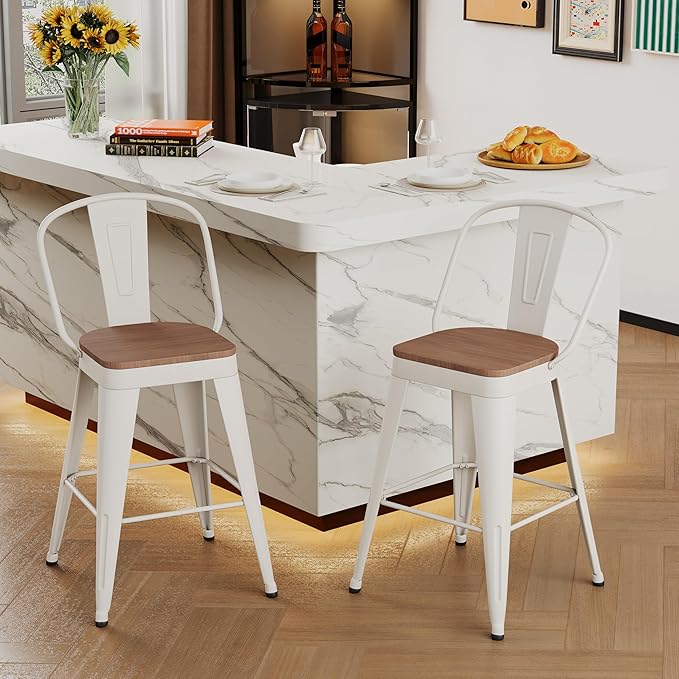 Andeworld Metal Bar Stools Set of 2, 30 inch Bar Height Barstools with Backs Farmhouse Modern High Back Bar Stools with Larger Seat Kitchen Dining Bar Chairs,Off White
