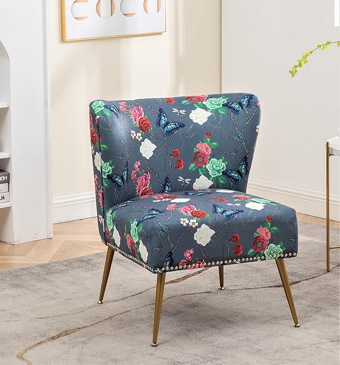 Thia Armless Accent Chair for Living Room, Elegant Seat with Nailhead Trim, Gold Metal Legs and Comfortable Curved Back, 28" D x 25" W x 29.5" H, 07 Floral Print
