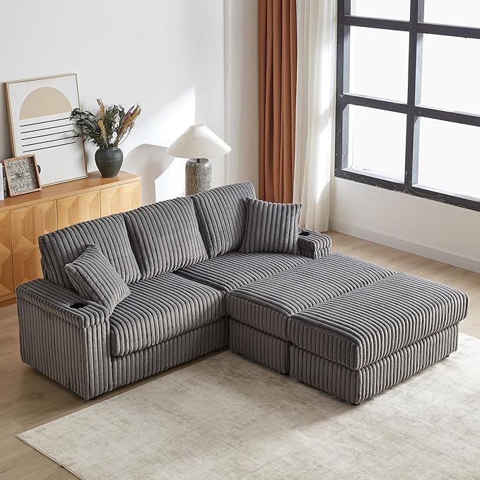 Corduroy Upholstered Modular Sectional Sofa Cloud Couch with Movable Ottoman, 84" Oversized Loveseat Convertible Sleeper Sofabed with 3 Cushion Backrest and Throw Pillows