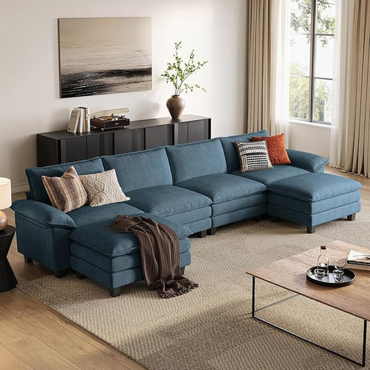 LINSY HOME 157'' Modular Sectional Sofa Blue Couch Corduroy Cloud Couches for Living Room, U Shaped Couch with Movable Ottoman, Modern Cloud Sectional Sofas for Bedroom and Apartment, Blue