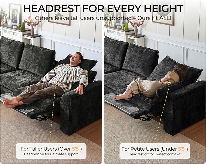 Oversized Modular Sectional Sofa with Power Recliner, Plush Cloud Couch with Headrest, Convertible Deep L-Shaped 6 Seater with Corner and Storage Ottoman, Chenille, Black
