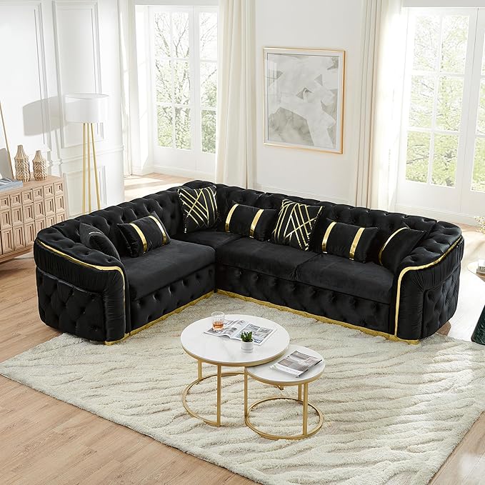 KEIKI 111" L-Shaped Luxury Velvet Chesterfield Sectional Sofa with Gold Stainless Steel Accents and 7 Pillows, Mid-Century Oversized 5-Seater Button Tufted Couch, Easy Assembly, for Living Room, Black