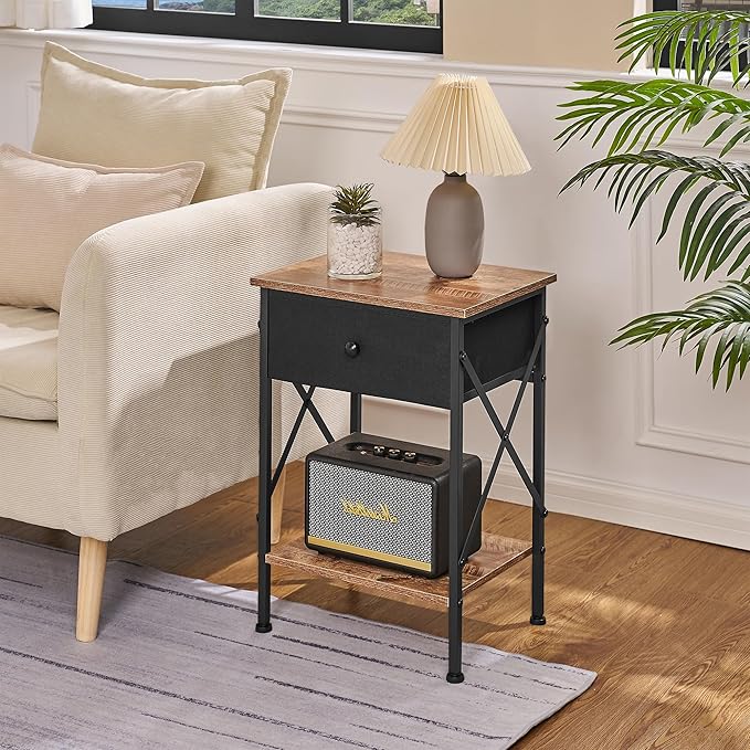 VECELO Nightstand, X-Design End Side Table with Fabric Storage Drawer and Open Shelf, Bedside Night Stand with Steel Frame for Bedroom, Living Room,Dorm, Easy Assembly,Walnut Brown