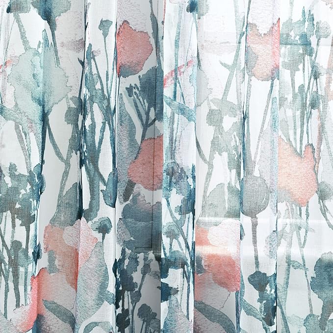 Lush Decor Zuri Flora Sheer Window Curtain Panels Pair 38" W x 84" L Blue & Coral - Sheer Curtains for Living Room - Floral Curtains for Bedroom