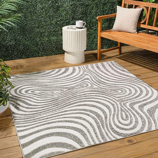 JONATHAN Y Maribo High-Low Abstract Striped Gray/Ivory 8x8 Square Indoor/Outdoor Area Rug, Pet Friendly, Non-Shedding, Stain Resistant, Easy-Cleaning for Backyard, Patio, Porch (SCN103B-8SQ)