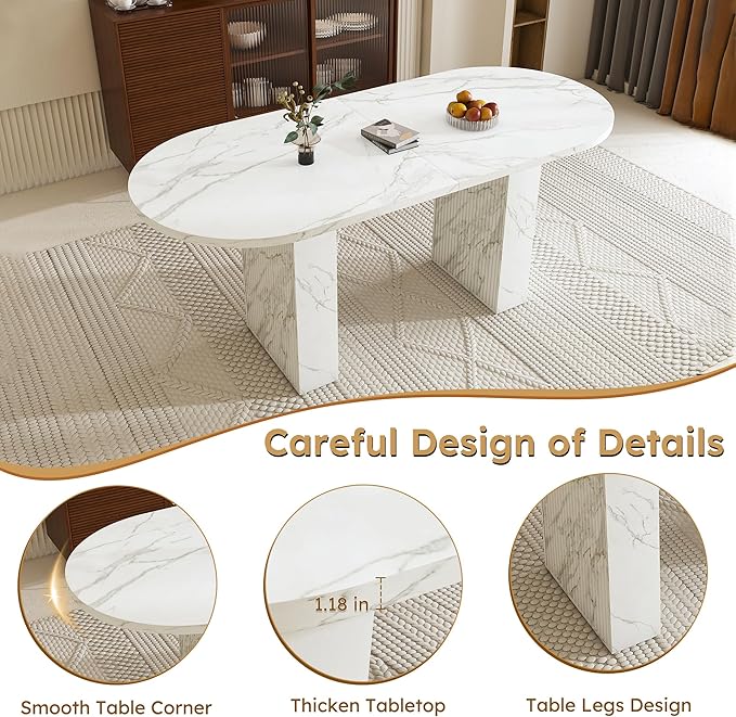 KEIKI 63" Oval Dining Room Table, Modern Farmhouse Dining Table for 6, Kitchen Table with Marble Top and Sturdy Wood Metal Base, Scratch Resistant Surface, White Marble