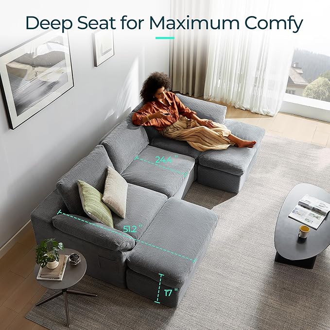 LINSY HOME Modern Boneless Cloud Couch Set with Movable Ottomans, Deep Seat Corduroy Secional Sofa Couch Sets for Living Room, Apartment, Office, No Assembly Required, Grey