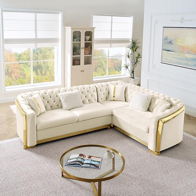 KEIKI 106" L-Shaped Luxury Velvet Chesterfield Sectional Sofa with Gold Stainless Steel Accents and 5 Pillows, Mid-Century Oversized 5-Seater Button Tufted Couch, Easy Assembly, for Living Room, Beige