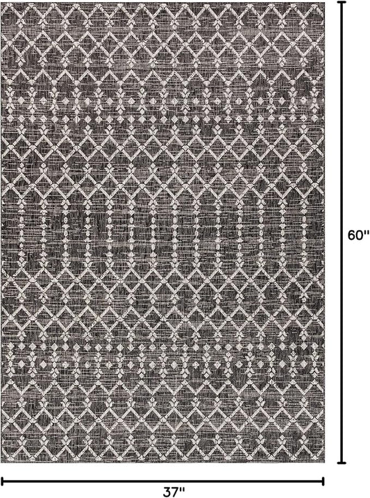 JONATHAN Y Moroccan Geometric Indoor Outdoor Area Rug 3X5 Black/Gray, Ourika Textured Weave for Backyard, Patio, Porch, Easy-Cleaning, High Traffic, Pet-Friendly, Non-Shedding (SMB108F-3)