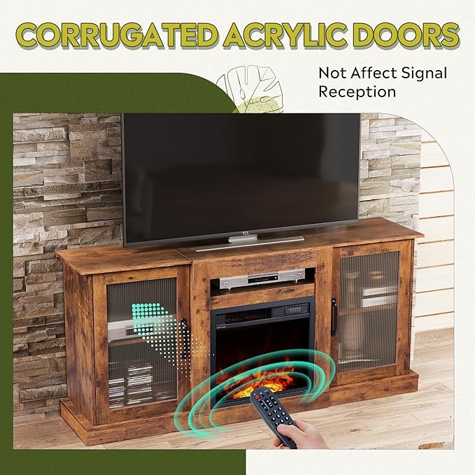WLIVE Fireplace TV Stand for 65" TV, Entertainment Center with 3D Realistic Flame Electric Fireplace, TV Console with Open Shelves for Living Room, Rustic Brown
