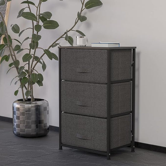 Flash Furniture Harris 3 Drawer Storage Dresser - Black Cast Iron Frame and Wood Top - 3 Easy Pull Dark Gray Fabric Drawers