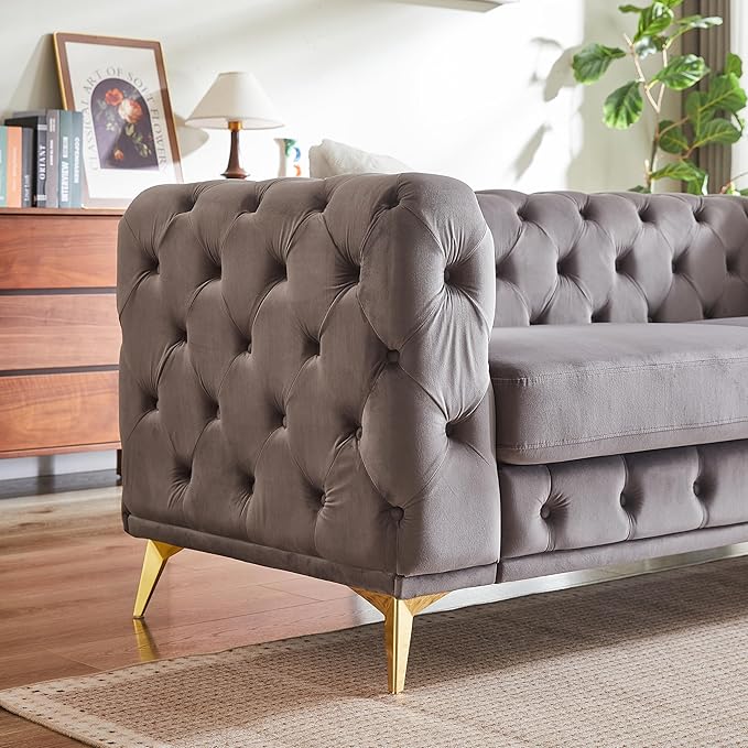 KEIKI 2-Piece Luxury Chesterfield Sofa Set with 1 Velvet 3-Seater Sofa & 1 Loveseat Sofa, Mid-Century 5-Seater Tufted Button Couch Set with 4 Pillow & High-Density Foam Cushion, for Living Room, Gray