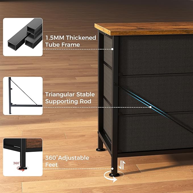 DUMOS TV Stands for Living Room Furniture with 9 Fabric Drawers, Long Entertainment Center Up to 75 Inch TV, Media Console Table with Storage for Bedroom, Adjustable Feet, Rust.