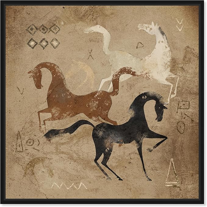 Oliver Gal Artist Co. Abstract, Canvas Wall Art, "Primitive cave horse drawing" Ready to Hang Living Room, Bedroom and Bathroom Home Décor, 40.0 x 40.0, White, Framed Canvas Art