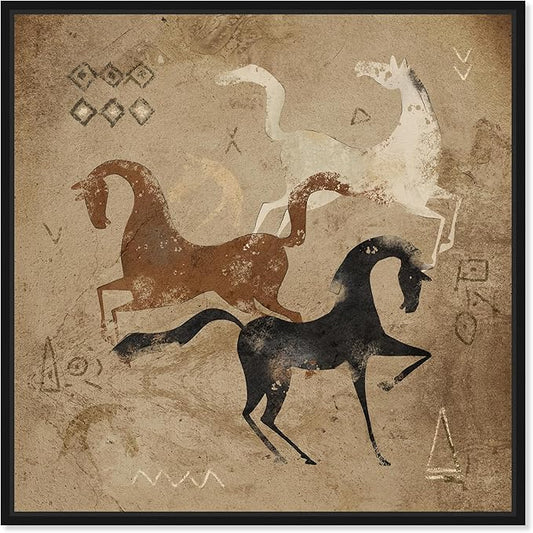 Oliver Gal Artist Co. Abstract, Canvas Wall Art, "Primitive cave horse drawing" Ready to Hang Living Room, Bedroom and Bathroom Home Décor, 40.0 x 40.0, White, Framed Canvas Art