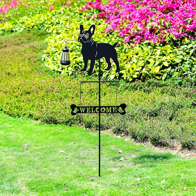 Tfro & Cile Solar Light Garden Stake 45 Inch Black French Bulldog Welcome Sign Decorative Dog Lantern Ornament Outdoor Garden Decor for Lawn Yard Patio