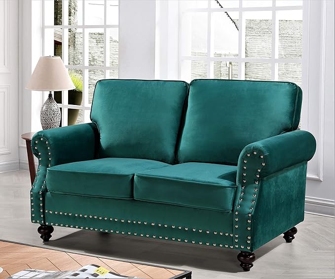 Container Furniture Direct Lotus Mid Century Modern Velvet Upholstered Living Room Rolled Arms, Chair, Loveseat and Sofa, Green