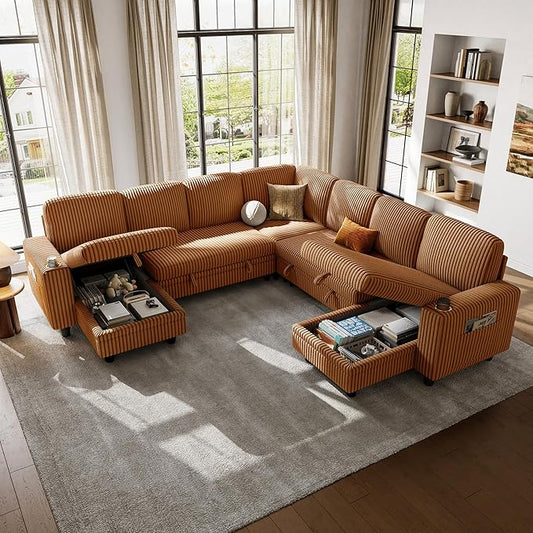 LINSY HOME Sectional Sleeper Sofa with Pull Out Couch Bed - Convertible Plush Corduroy Cloud Couches with Storage Chaise & USB Charging, Comfy Modular Couch for Living Room, Brown