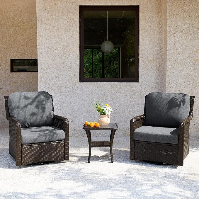 Tribesigns Outdoor Wicker Swivel Chairs, 3-Piece Outdoor Patio Furniture Set, Patio Bistro Sets with Tempered Glass Side Table, for Balcony, Porch - Brown Wicker
