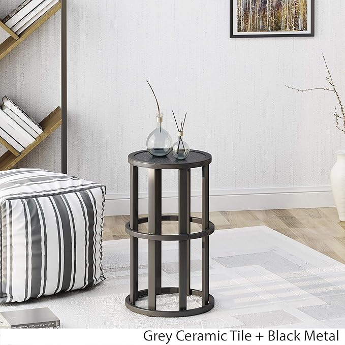 Christopher Knight Home Cassie Indoor Industrial 11 Inch Finish Side Table, Grey Ceramic Tile/Black Metal