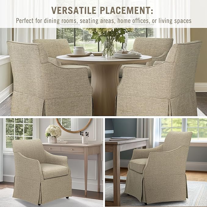 Martha Stewart London Dining Chair - Solid Wood & Plywood, Skirted Metal Base Accent Armchair, Lumbar Pillow -Modern Classic Family Dining Room Furniture 25" W x 26" D x 34" H, Beige