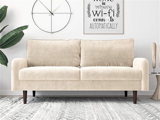 Container Furniture Direct Americus Velvet Upholstered Sofa and Loveseat Set, Couches for Living Room with Luxurious Mid Century Modern Design and Wooden Base, 2 Piece, Beige