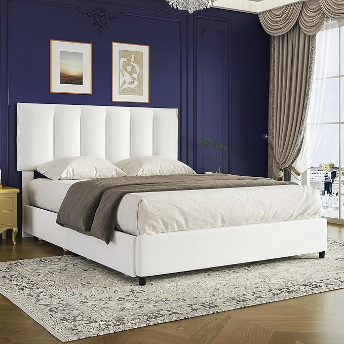 VECELO Queen Size Bed Frame with 4 Storage Drawers, Adjustable Height Headboard, Heavy-Duty Platform Bedframe with Strong Wooden Slats, No Box Spring Needed, Pure White