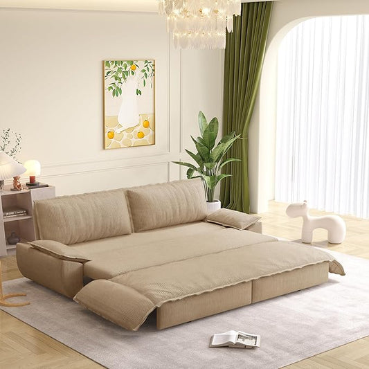 KEIKI 73.2" Luxury Queen Sleeper Sofa Bed, 3-in-1 Convertible Pull Out Couch with Chaise Lounge, Plush Corduroy Cloud Loveseat Sofa for Deep Relaxation Living Room Bedroom Comfort Seating