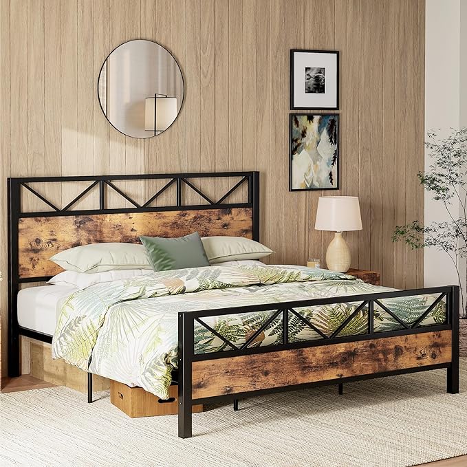 LIKIMIO California King Bed Frame, Tall Industrial Headboard 51.1 ", Platform Bed Frame with Strong Metal Support, Solid and Stable, Noise Free, No Box Spring Needed, Easy Assembly, Vintage Brown