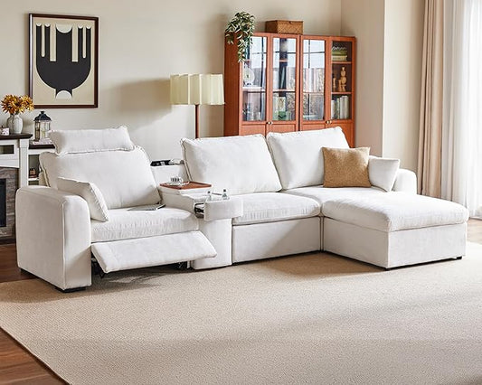 138.6'' Oversized Power Recliner Sofa with Headrest, Modular Cloud Sectional Couch with Convertible Table, Charging, Drawer, Cup Holder, 4-Seater with Storage Ottoman, Chenille, White