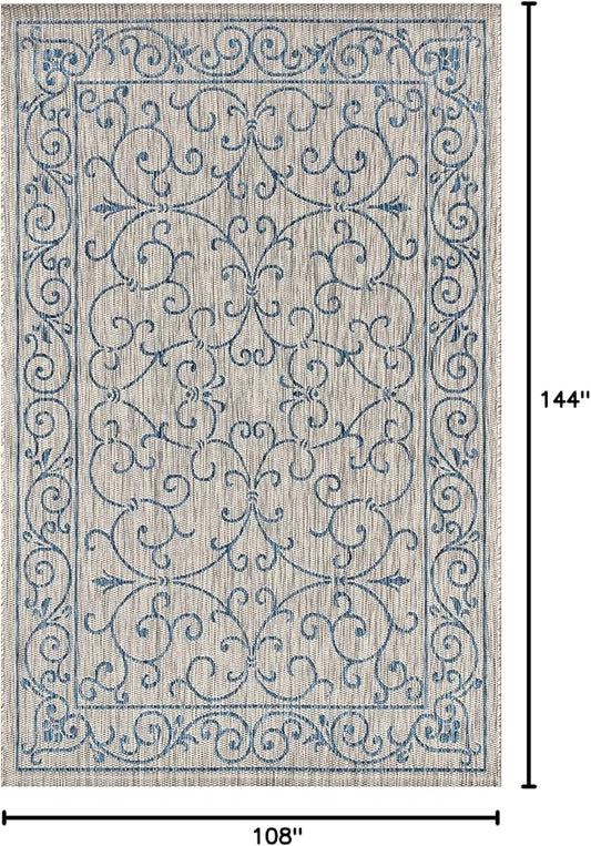 JONATHAN Y Vintage Filigree Indoor Outdoor Area Rug 9X12 Gray/Navy, Charleston Textured Weave for Backyard, Patio, Porch, Easy-Cleaning, High Traffic, Pet-Friendly, Non-Shedding (SMB106C-9)