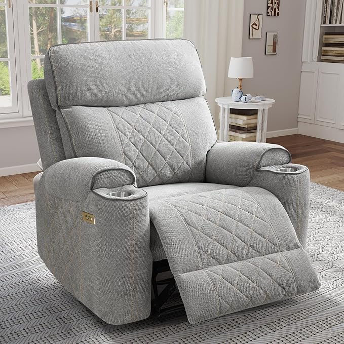 EBELLO Power Recliner Chair, Electric Fabric Reclining Sofa with Cup Holders, USB Charging Ports, for Living Room, Bedroom and Meeting Room, Light Grey