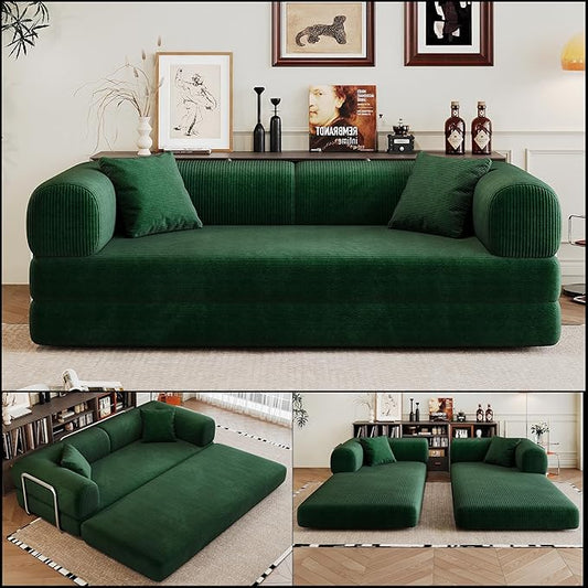 JINGLING 79" Queen Sleeper Sofa Bed with Memory Foam, Compressed Couch in a Box, Foldable Convertible Small Couches for Small Spaces Bedroom Game Room, Corduroy Fabric, Green