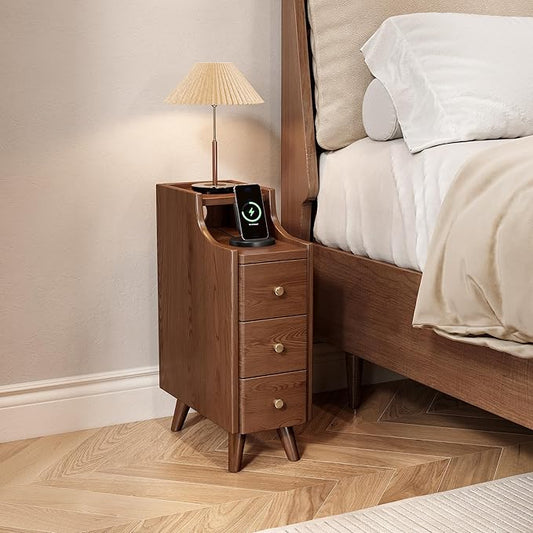 Narrow Nightstand with Drawers, 7.9" Solid Wood Nightstand with Open Shelf & Cable Hole, Modern Night Stand Slim Bedside Table for Small Spaces, Bedroom, Living Room, Study