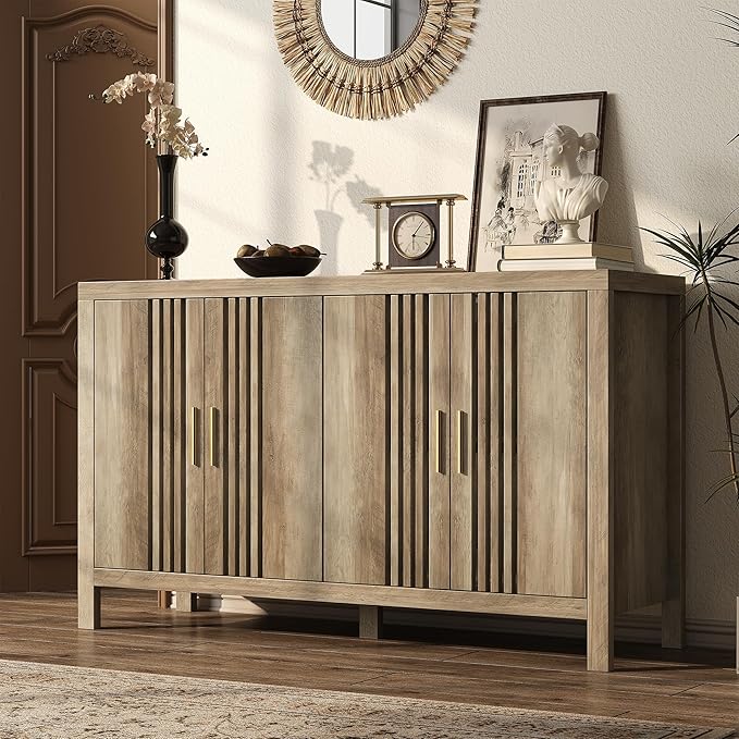 Sideboard Buffet Cabinet with Storage, 55" Large Kitchen Buffet Cabinets Farmhouse Storage Cabinet, Wood Coffee Bar Sideboards for Kitchen, Entryway, Living Room, Natural Oak
