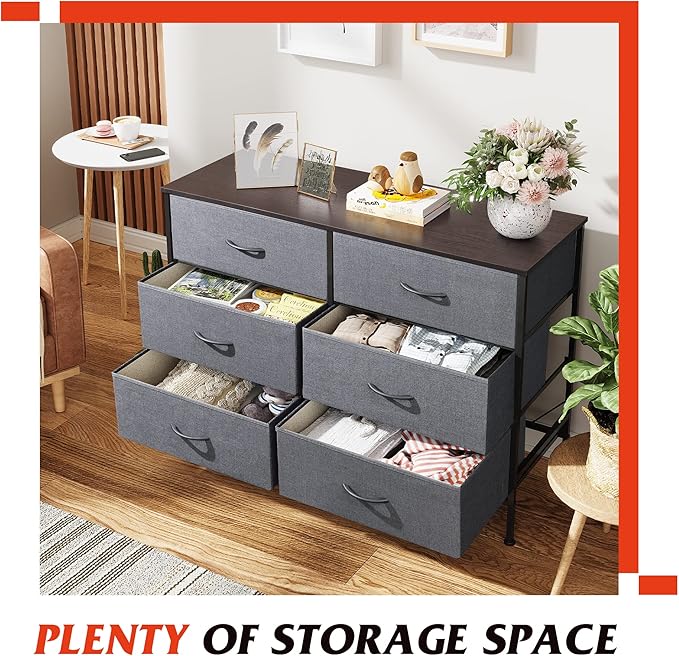 WLIVE Dresser for Bedroom with 6 Drawers, Wide Dresser TV Stand for 50 Inches TV, Gray Dresser with Metal Frame, Wooden Top, Fabric Dressers for Bedroom, Living Room, Hallway, Dark Gray