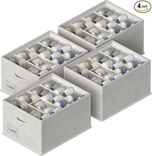 FHSQX 4 Pack Shoe Organizer for Closet,Foldable Shoe Organizer,Fits up to 48 Pairs,Storage Containers With Bottom Support for Shoes (Light Grey, (16.5 * 12.6 * 9.5) x4)