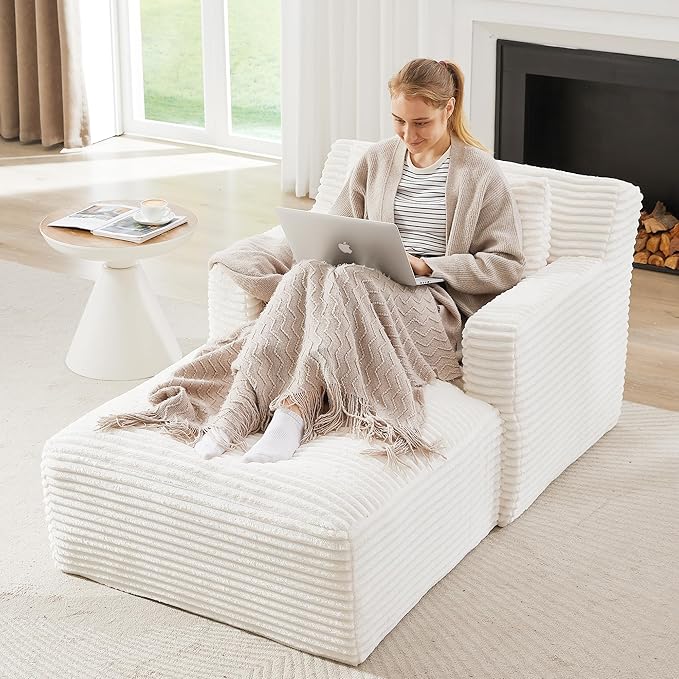 KEIKI 65.4" Indoor Single Chaise Sofa, Modern Corduroy Upholstered Lounger, No Assembly Required, Comfy Sleeper Chair for Living Room or Guest Space