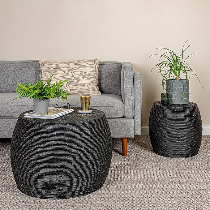 Creative Co-Op Round Handwoven Corn Rope Barrel Side Table, Black