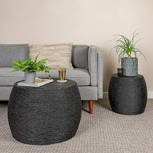 Creative Co-Op Round Handwoven Corn Rope Barrel Side Table, Black