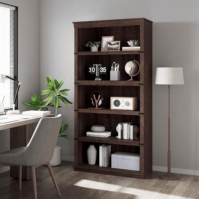 5 Tier Farmhouse Bookcase, 67.4" Tall Book Shelf with Storage, Wooden Bookshelves 5 Shelf Display Shelves for Home Office(67.4" H x 31.5" W x 12.8" D) (Reddish Brown, 67.4" H x 31.5" W x 12.8" D)
