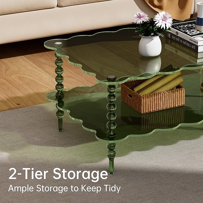 Acrylic Coffee Table, 2-Tier Living Room Table with Storage, Center Table Mid-Modern Century for Living Room, Easy to Assemble (Green, 37.8“×23.6“×15.7”)
