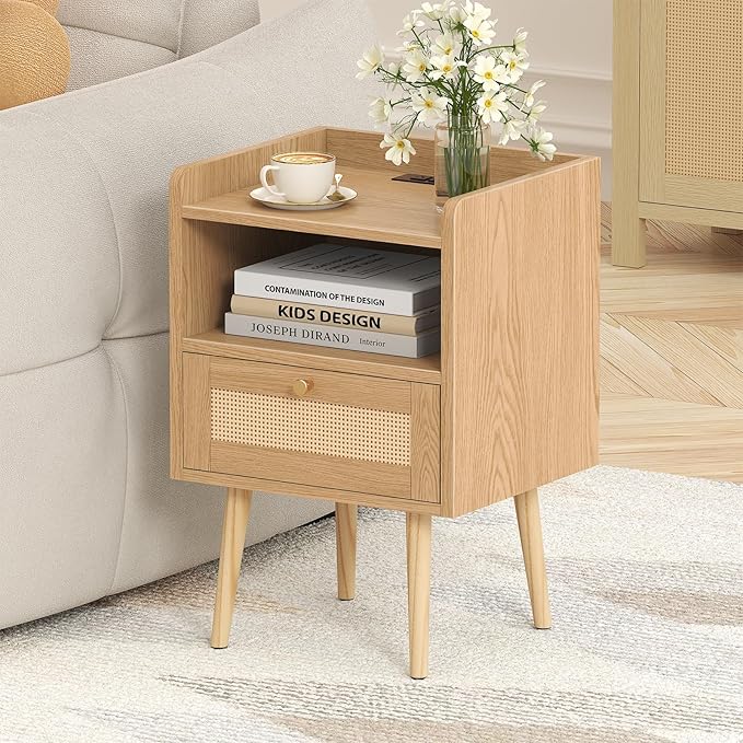Nightstand with Charging Station & Rattan Decor Drawer, Boho Bedside End Table with Solid Wood Feet, Bed Side Table with Open Storage for Farmhouse Bedroom Living Room Dorm - Natural