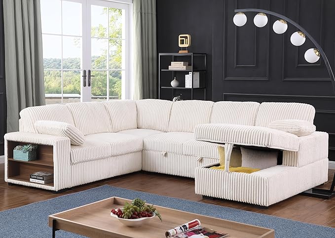 ERYE 117-Inch Oversized U-Shaped Pull Out Sleeper Couch Bed, Modern U Shaped Sleeper Sectional Sofa Corner Convertible Sofa Bed with Storage Chaise and Cabinet for Living Room