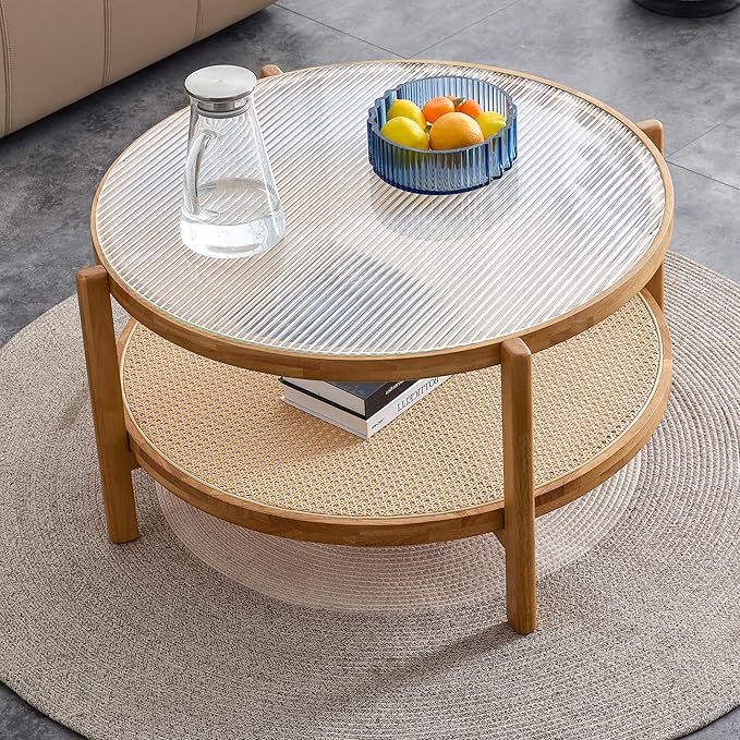 Tempered Glass Round Coffee Table, Farmhouse Circle Coffee Table with Rattan Woven Shelf for Storage, Solid Wood Circular Center Table for Living Room