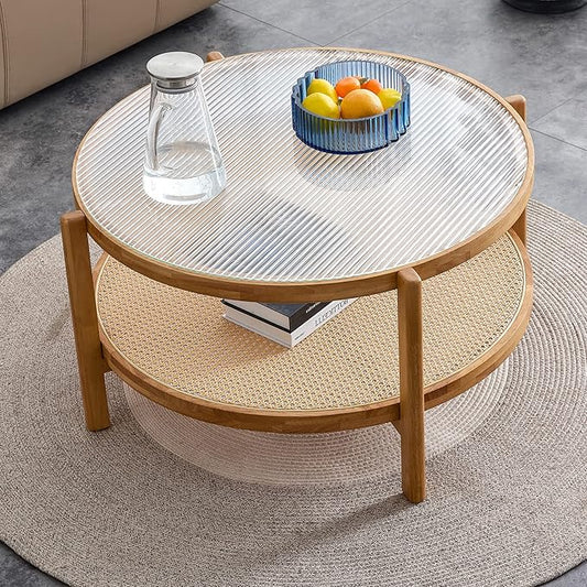 Tempered Glass Round Coffee Table, Farmhouse Circle Coffee Table with Rattan Woven Shelf for Storage, Solid Wood Circular Center Table for Living Room