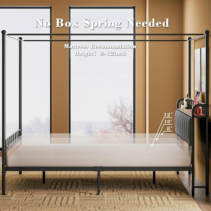 LIKIMIO Canopy Bed Frame Full, Storage Headboard with Charging Station, Platform Bed with 4 Removable Sturdy Posts, Noise Free, No Box Spring Needed, Vintage Brown