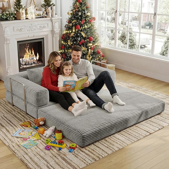 BSHOMGI 4 in 1 Futon Sofa Bed Queen Size - Foldable Convertible Sleeper Sofa Couch with L-Shaped Armrests Space Saving Floor Mattress for Bedroom & Dorm(Light Gray, 59” 2 Seat)