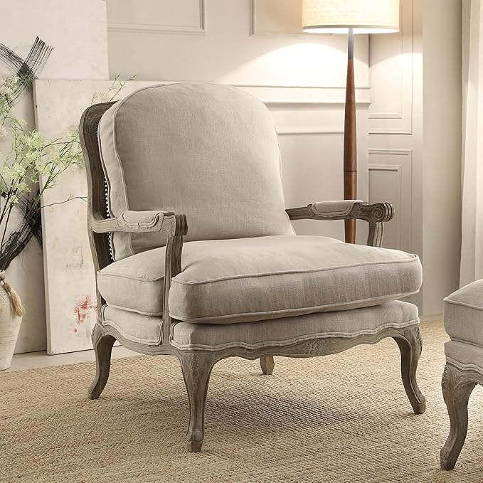 Lexicon Parlier Show Wood Accent Chair - Mid Century Modern Chair for Living Room, Traditional French Country Style, Padded Arms, Reversible Cushion, Solid Wood Frame, Arrives Assembled, Neutral