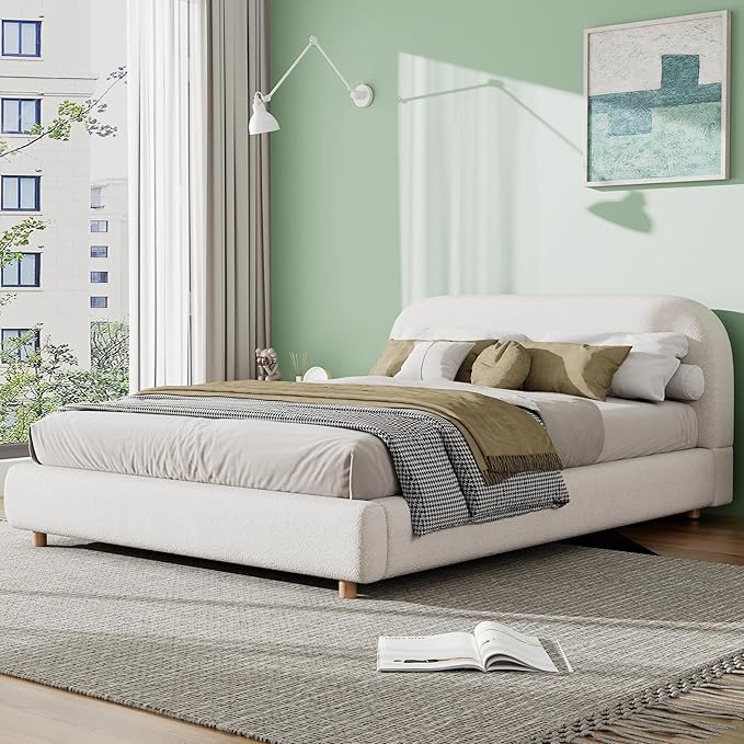 Christopher Knight Home Queen Size Platform Bed, Boucle Fabric Headborad and Bed Frame, Upholstered Curve-Shaped Design Headboard, Wood Bedpost and Slat, Modern Design Bed Set, Easy Assembly, White